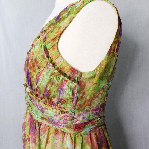 Sundance 100% Silk Fit & Flare Dress Size 10 Green Watercolor Floral Sleeveless - Picture 8 of 16